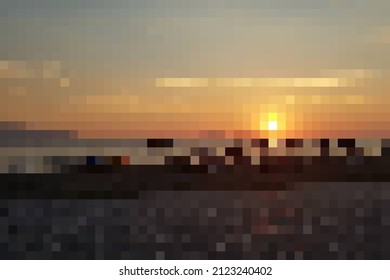  Evening sunset on the sea.  Evening beach.Abstract square pixel mosaic background illustration.