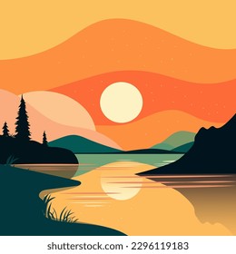 Evening sunset in orange colors on the mountain lake. Vector illustration in the style of flat. Sun, mountains, lake and trees.