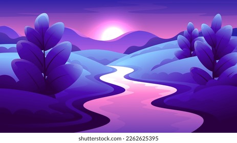 Evening sunset over hills for wallpaper design. Nature scenery vector illustration.