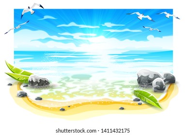 Atardecer en la playa de arena del paraíso con rompeolas y gaviotas en el cielo azul. Olas y espuma de agua marina en la costa, aislada sobre fondo blanco. Ilustración vectorial Eps10.