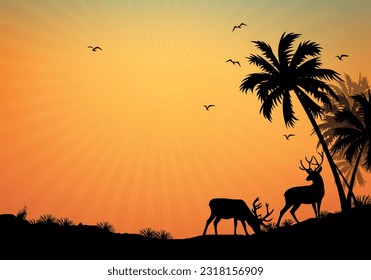 atardecer por la noche y sol naciente, silueta de panorama realista en la vida silvestre, silueta de ciervo, árbol oscuro en campo abierto dramático amanecer, cielo rojo, nubes, temática de Safari, fondo de vectores de paisaje, 