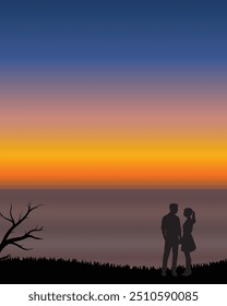 Vista de la puesta del sol de la tarde con pareja romántica. Ilustración vectorial