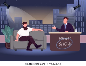 Evening talk show flat color vector illustration. Chat show host and famous guest 2D cartoon characters with studio on background. Entertaining communication with famous personalities