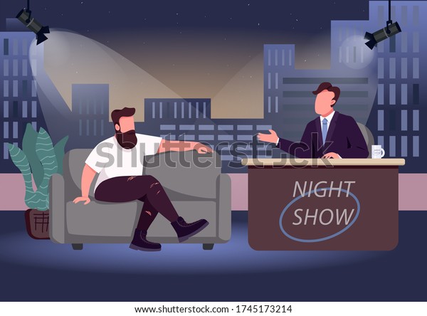 Evening talk show\
flat color vector illustration. Chat show host and famous guest 2D\
cartoon characters with studio on background. Entertaining\
communication with famous\
personalities