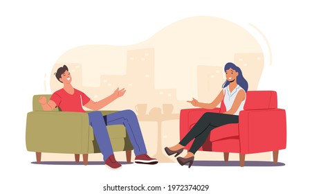 Evening Talk Show Interview Broadcasting, Host and Famous Guest Characters Chatting in Studio, Entertaining Tv Program Communication with Famous Celebrity Person. Cartoon People Vector Illustration