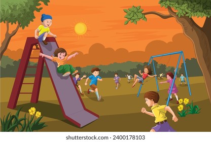 Evening time with children playing and enjoying in the playground