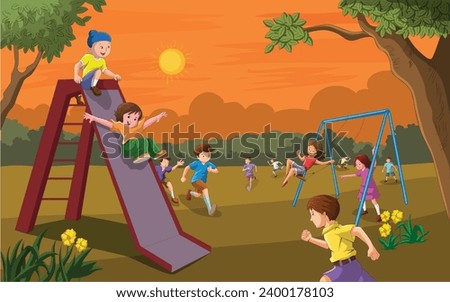 Evening time with children playing and enjoying in the playground