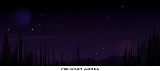 Evening time with stars, planets and trees. Vector dark illustration.
