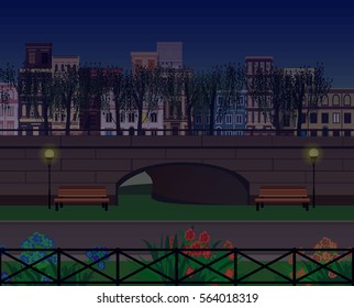 evening town outdoor view with bridge and park area