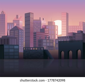 Evening town in perspective. Dawn and colors. Reflection in the water.
