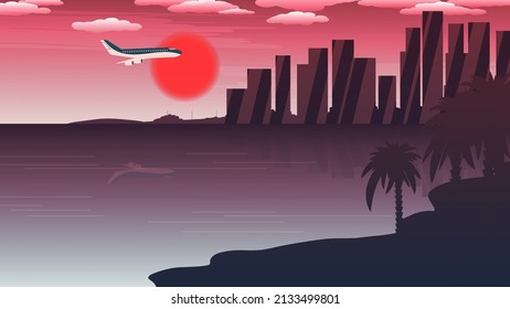Evening urban landscape. The plane flies over the bay and the coast with palm trees against the backdrop of the metropolis, the sky with the red setting sun and clouds. Vector. 