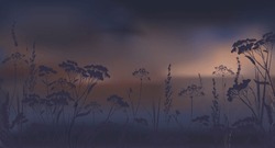 Evening Vector Background With Silhouettes Of Wild Grass