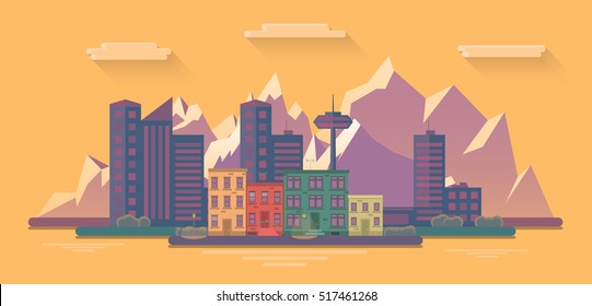 evening view of the city on a background of mountains. Flat vector illustration