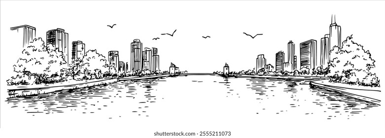 evening view of downtown Chicago with the river, doodle hatching vector sketch, panoramic view