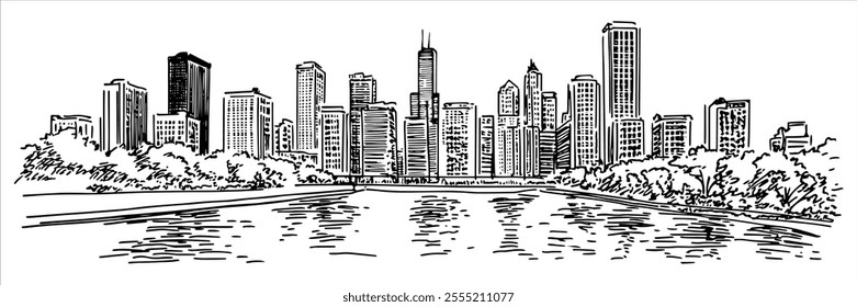 evening view of downtown Chicago with the river, doodle hatching vector sketch, panoramic view