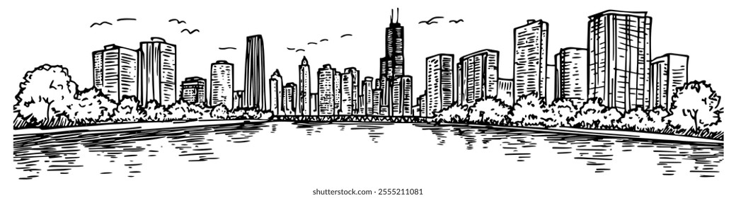 evening view of downtown Chicago with the river, doodle hatching vector sketch, panoramic view