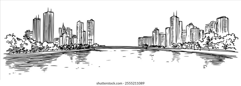 evening view of downtown Chicago with the river, doodle hatching vector sketch, panoramic view