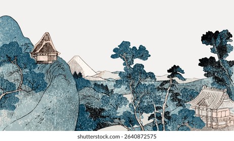 An evening view of Fuji, Japanese ukiyo-e woodblock print by Utagawa Kuniyoshi, isolated vector element.