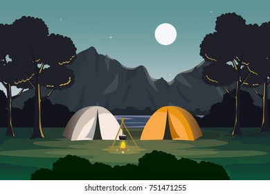 Evening View Of Summer Camp with Moonlight at Mountain Landscape.Hiking,Trekking and Nature Adventure, Vector Illustration