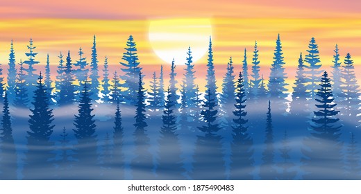 Vista nocturna. El sol se pone detrás de los árboles. Ilustración vectorial.