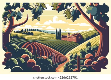 Evening view, Vineyard beautiful view from the hill, 2d vector drawing, 2d flat illustration.