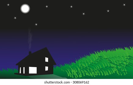 Evening in the village. Colored vector illustration. Background.