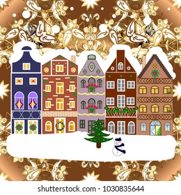 Evening village winter landscape with snow cove houses. Background. Vector illustration. Christmas winter scene.
