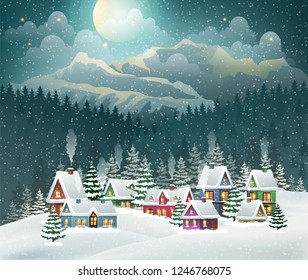 Evening village winter landscape with snow covered houses and mountains. Christmas holidays vector illustration