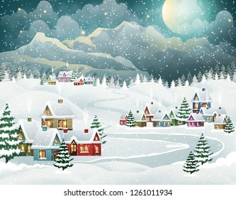 Evening village winter landscape with snow covered houses and mountains. Christmas holidays vector illustration