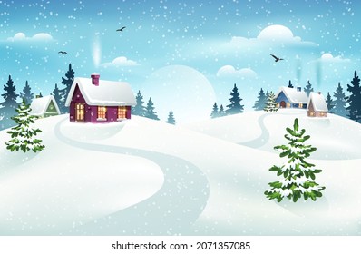 Evening village winter landscape with snow covered houses and christmas tree. Christmas holidays vector illustration