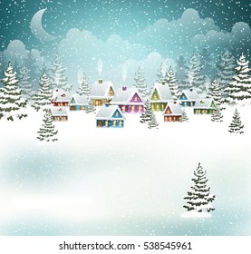 Evening village winter landscape with snow covered houses. Christmas holidays vector illustration