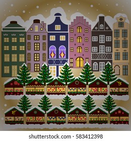 Evening village winter landscape with snow cove houses. Vector illustration. Christmas winter scene. Background.