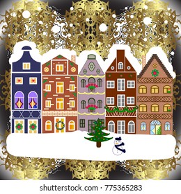 Evening village winter landscape with snow cove houses. Christmas winter scene. Vector illustration. Background.