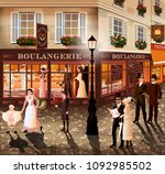 Evening walk on the street of Paris. Handmade drawing vector illustration in the style of the early 20th century. All items - easily scalable separate objects. 