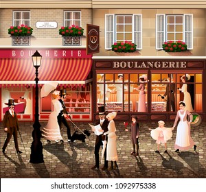 Evening walk on the street of Paris. Handmade drawing vector illustration in the style of the early 20th century. All items - easily scalable separate objects. 