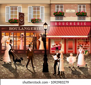 Evening walk on the street of Paris. Handmade drawing vector illustration in the style of the early 20th century. All items - easily scalable separate objects. 