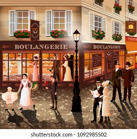 Evening walk on the street of Paris. Handmade drawing vector illustration in the style of the early 20th century. All items - easily scalable separate objects. 