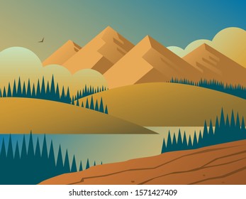 Evening wildlife landscape with forests, hills and mountains. In the distance, an eagle flies among the clouds. Vector illustration.