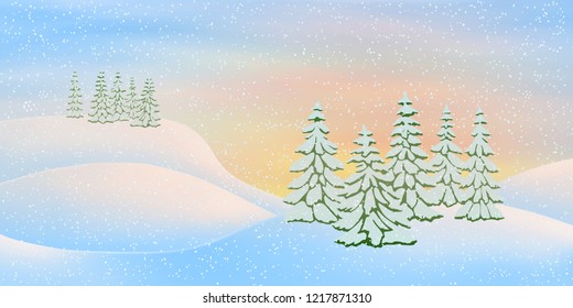 Evening winter landscape, it snows, vector illustration, EPS10