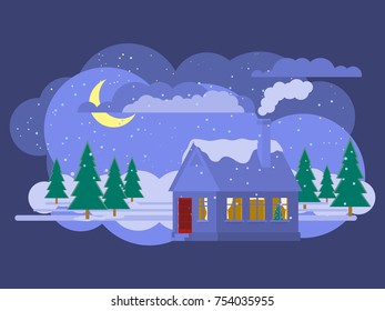 Evening winter landscape. Vector illustration of a house among the pines.