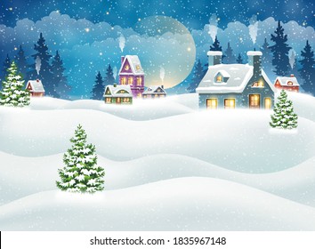 Evening winter village landscape with snow covered houses. Christmas holidays vector illustration