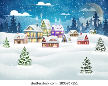 Evening winter village landscape with snow covered house. Christmas holidays vector illustration