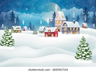 Evening winter village landscape with snow covered house. Christmas holidays vector illustration