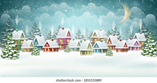 Abends Winterdorf Landschaft mit schneebedecktem Haus. Weihnachtsferien, Vektorgrafik