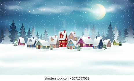 Evening winter village landscape with snow covered house. Christmas holidays vector illustration