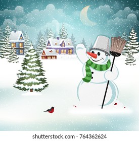 Evening winter village landscape with snow covered house and snowman. Holidays vector illustration