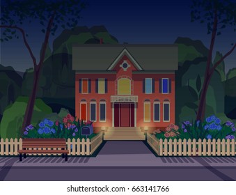 evening yard  near the house background