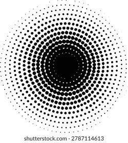 An evenly distributed circular halftone pattern featuring a dense black center and smooth gradient transition to a light periphery.