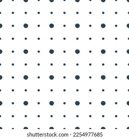 Evenly spaced big and small navy blue polka dots on a white background. Simple classical geometric design is light and modest. Seamless vector pattern. 