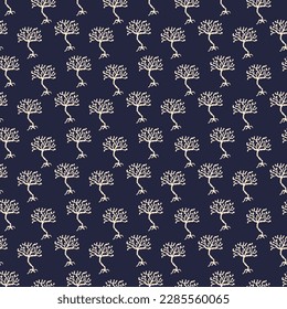  Evenly spaced repeating tree pattern for fabric, stationery, wallpaper or print material. Navy blue and cream colours.